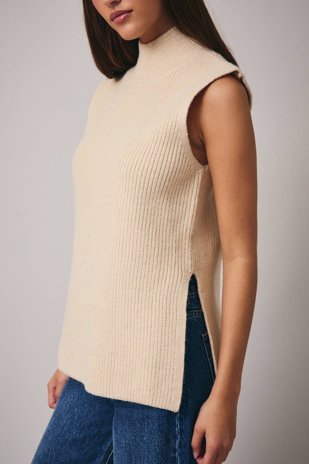 High Neck Sleeveless Sweater Top: Cream