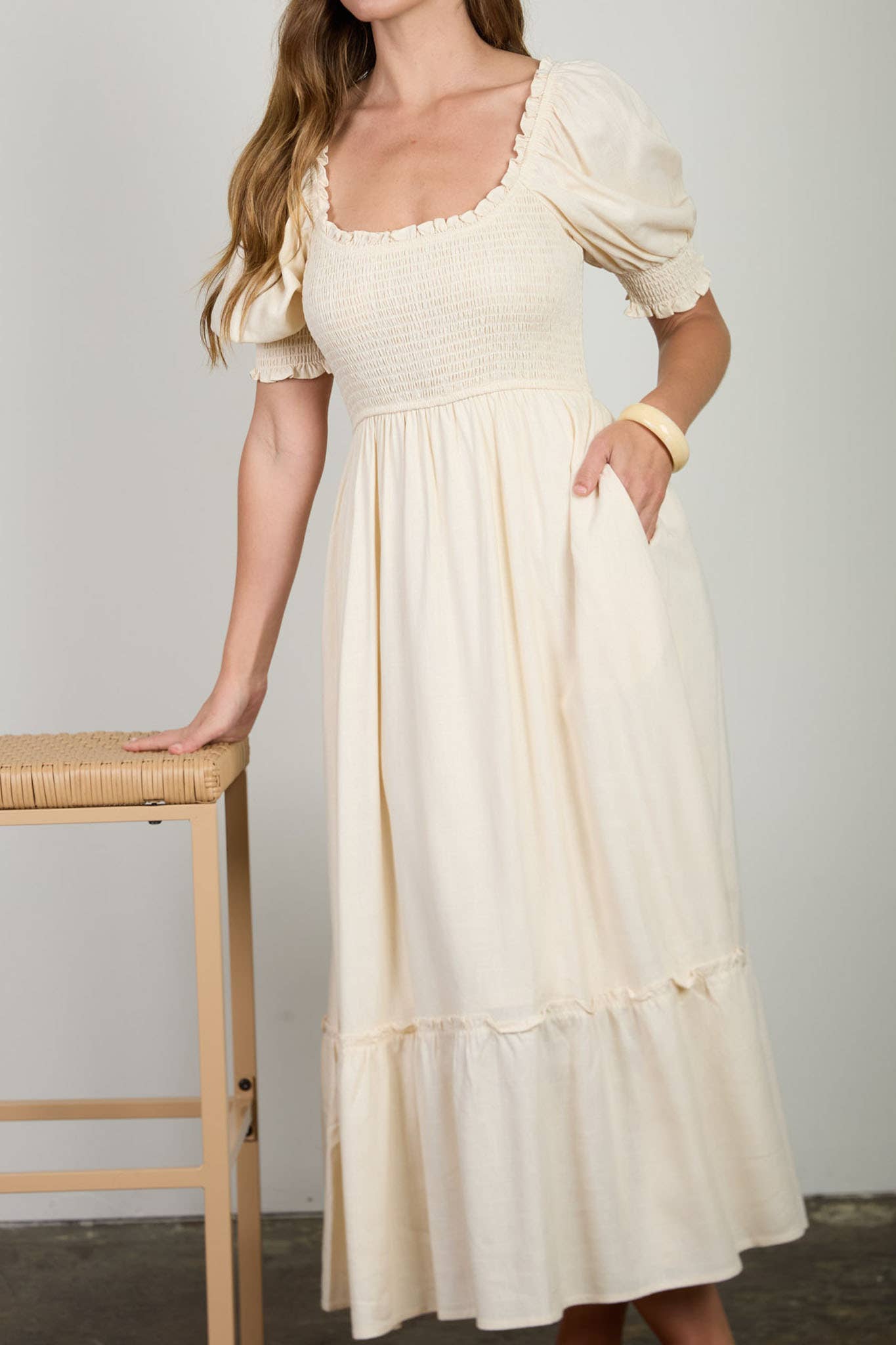 Anne Smocked Puff Sleeve Midi Dress: Cream