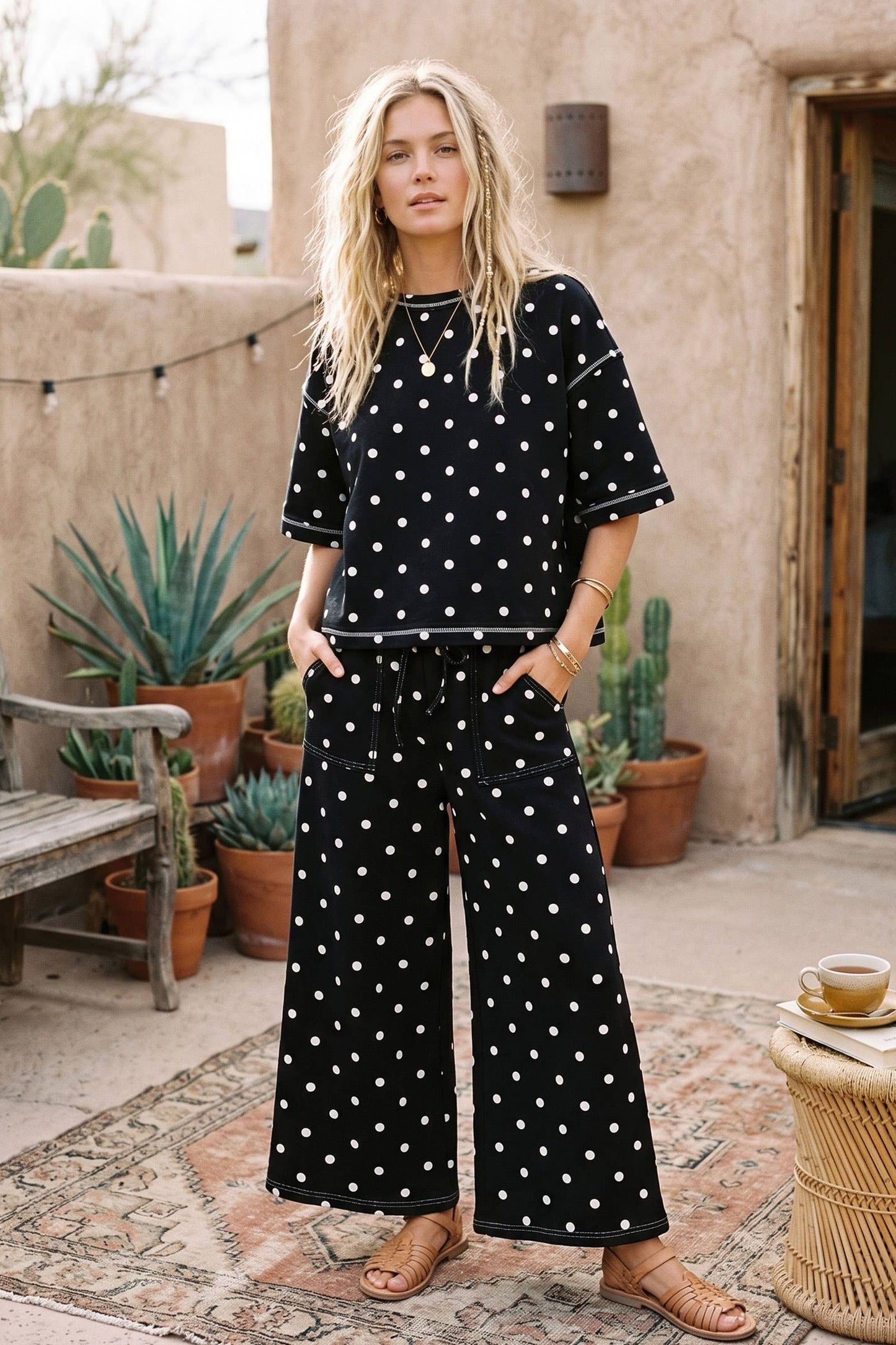 Heavy Scuba Polka Dot Short Sleeve Set: BLACK/WHITE