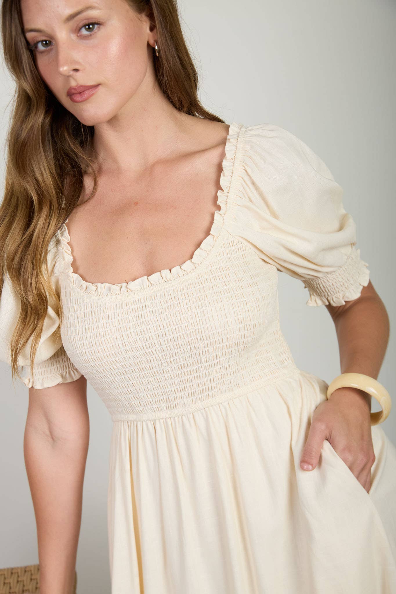 Anne Smocked Puff Sleeve Midi Dress: Cream