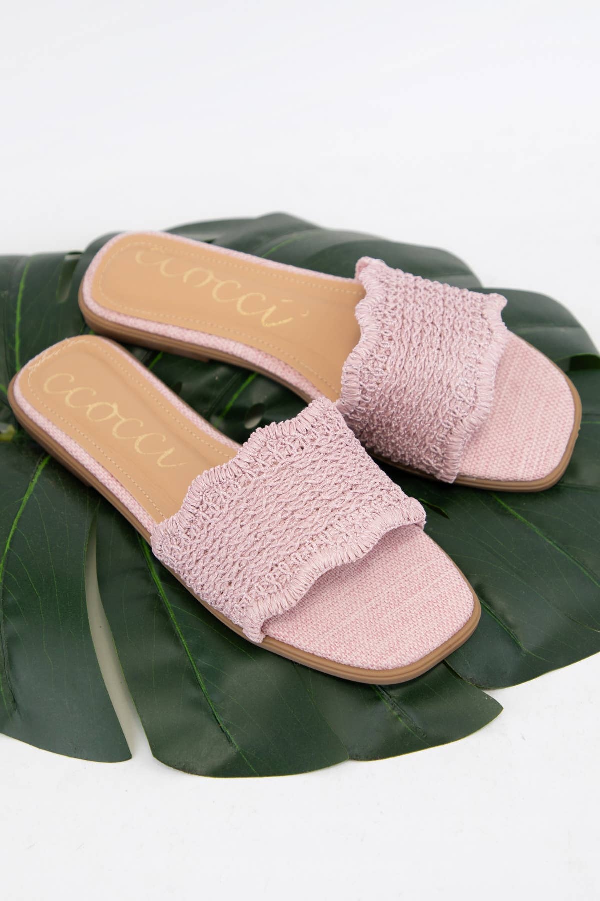 Giselle Womens Raffia Scallop Edge Slide Sandals: Blush
