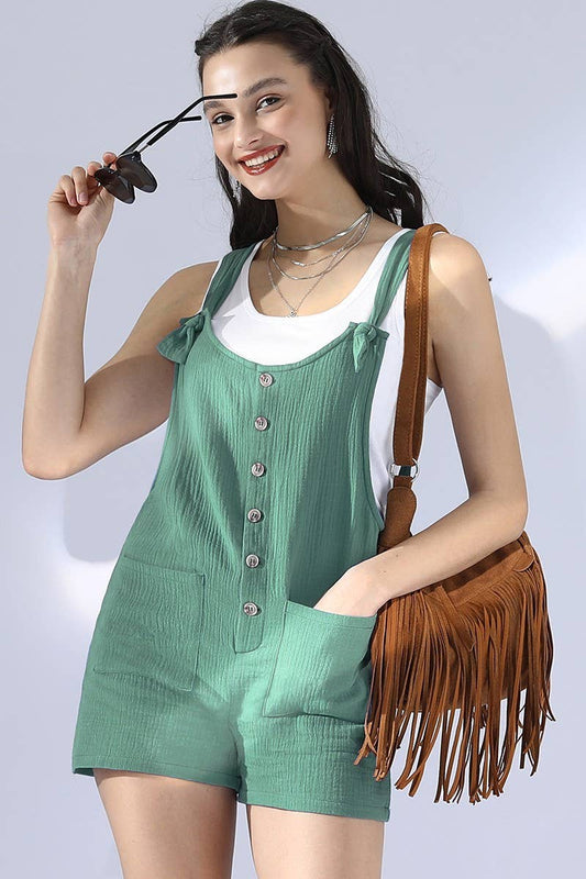 Bow Tie Shorts Romper: Sage
