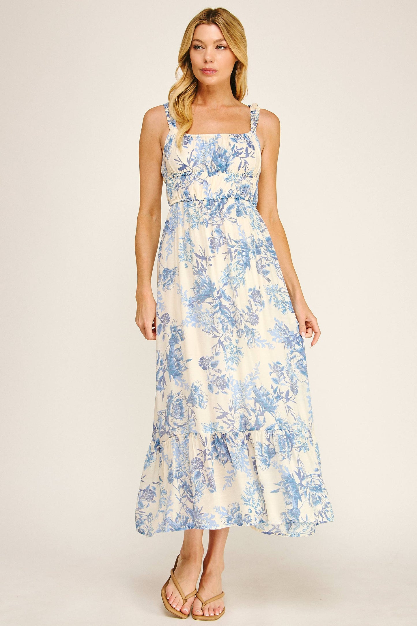 Juliette Soft Blue Floral Midmaxi Dress - Blue/Cream