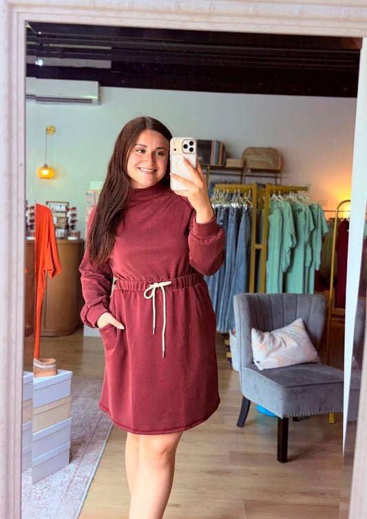 Autumn Days Drawstring Mini Dress - Wine