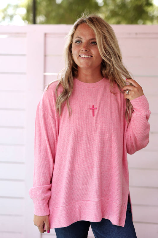 Cross 3DEmbroidery - Cozy DayBrushed Waffle Pullover (Coral)