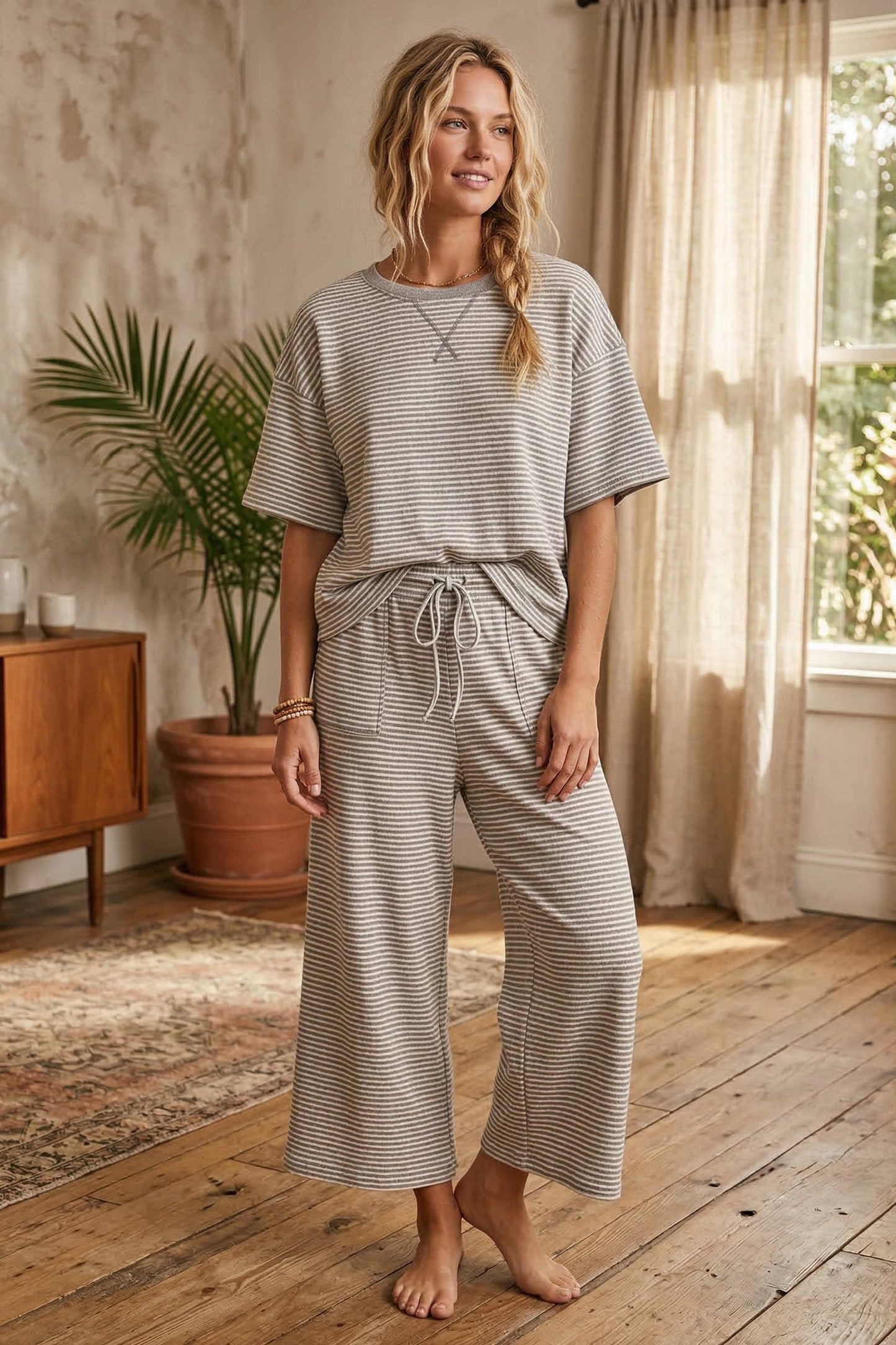 Striped Knit Top and Pants Set: Heather Grey/White