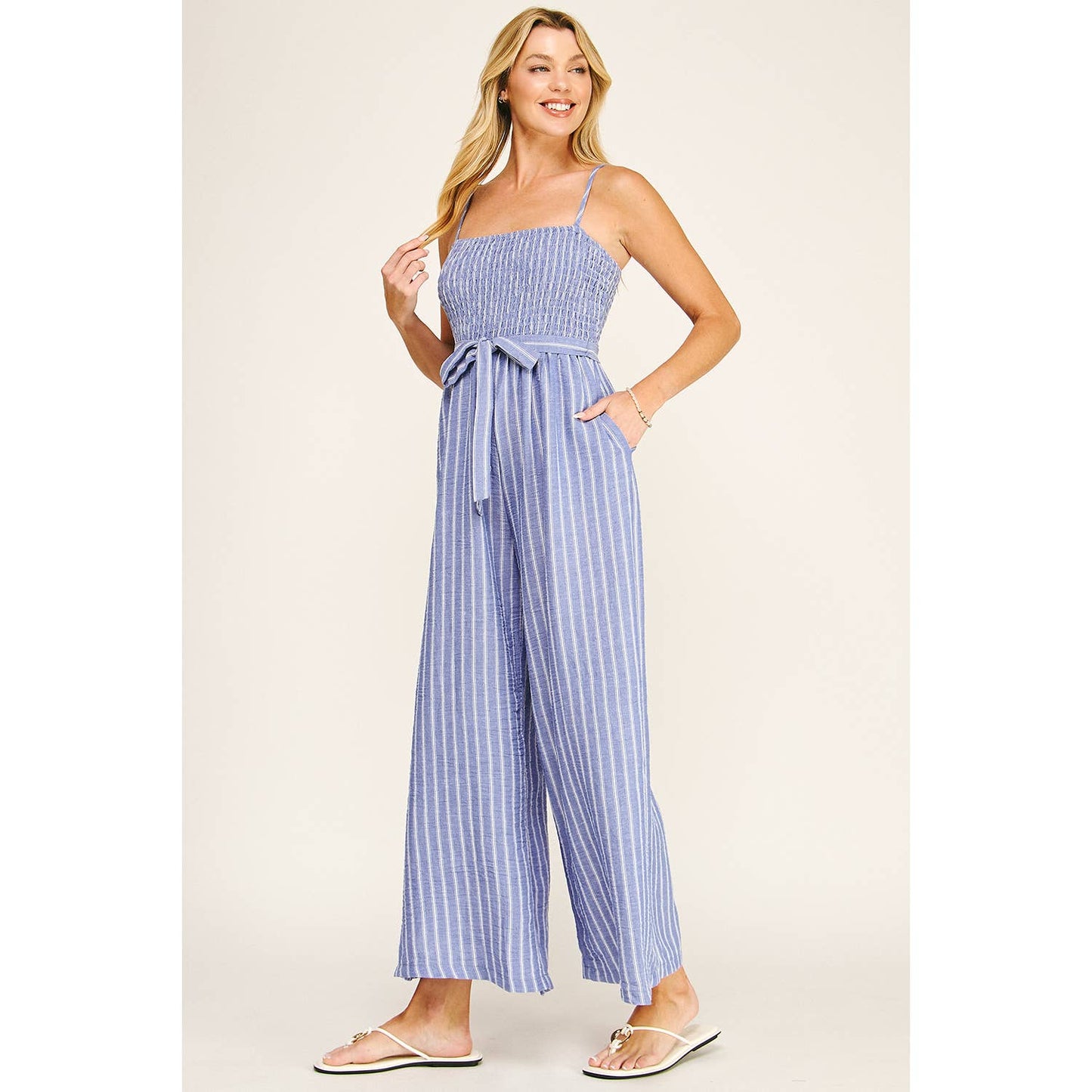 Coastal Stripe Smocked Wide Leg Jumpsuit: Blue