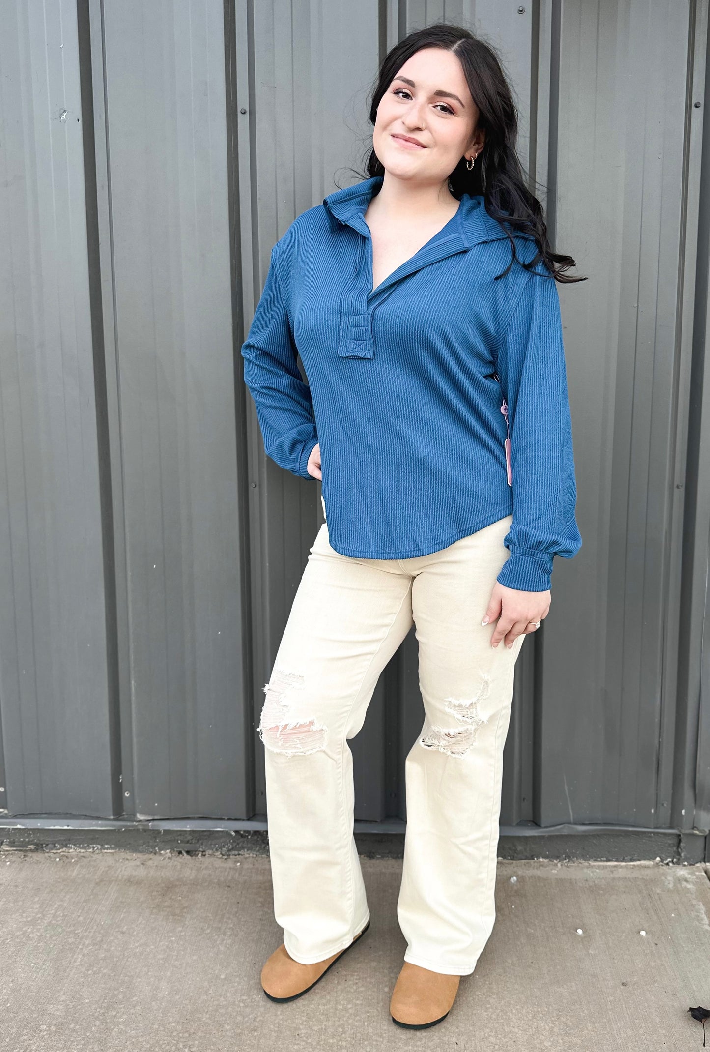 Simply Southern Knit Collar Top - Dark Blue