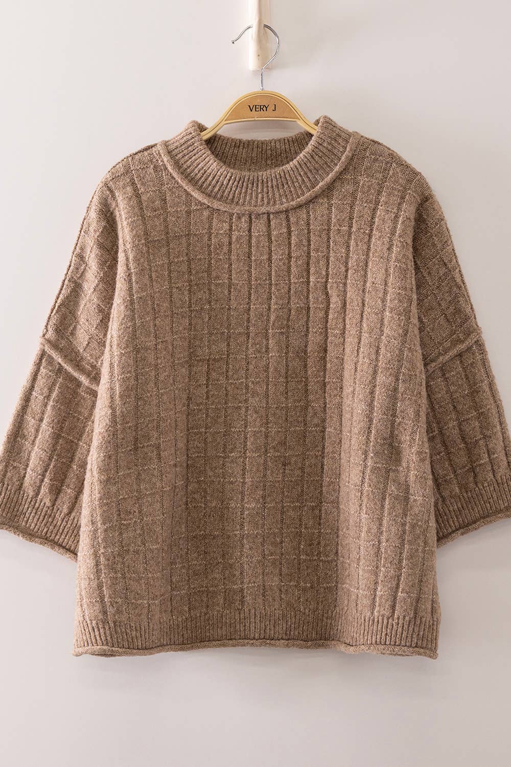 Cropped Length Ribbed Knit Sweater - Mocha