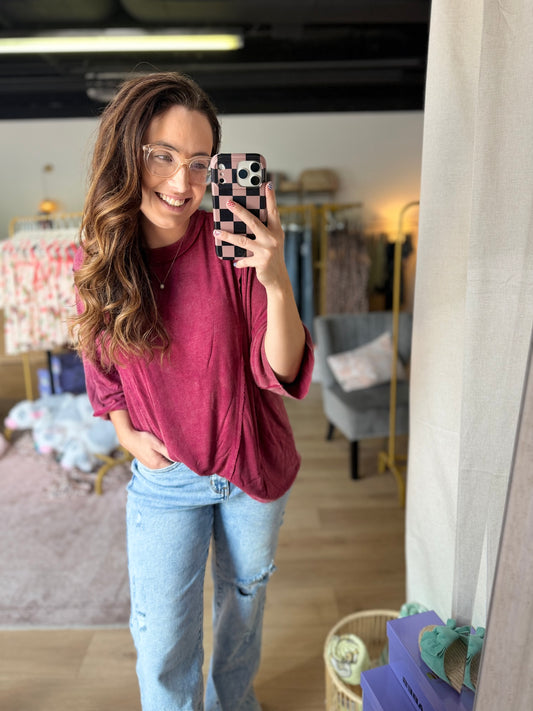 Gameday Mineral Washed Boxy Oversized Top: Burgundy