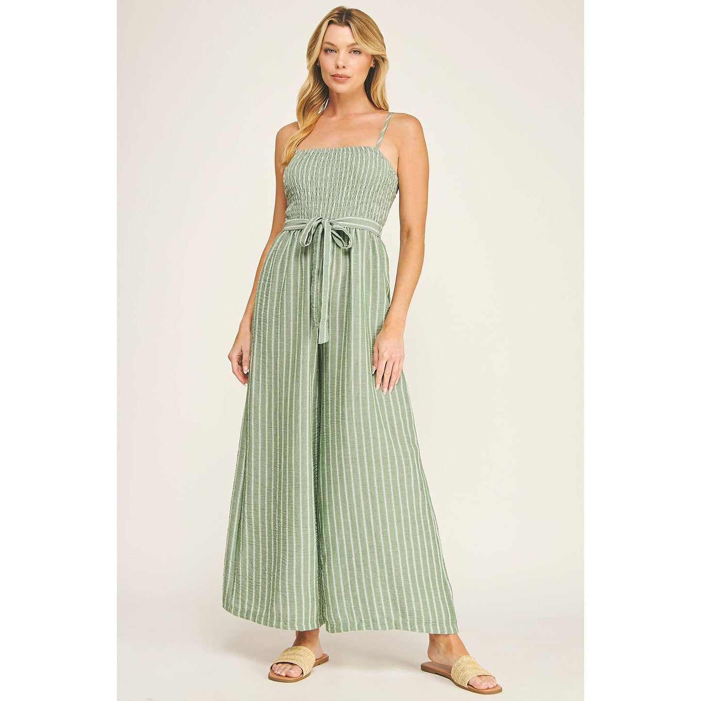Coastal Stripe Smocked Wide Leg Jumpsuit: Sage