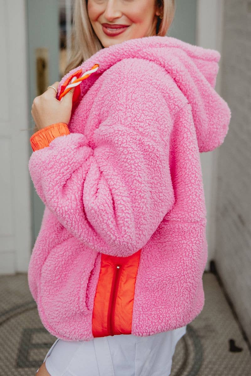 Pink Two-Toned Sherpa Pullover Hoodies: Pink