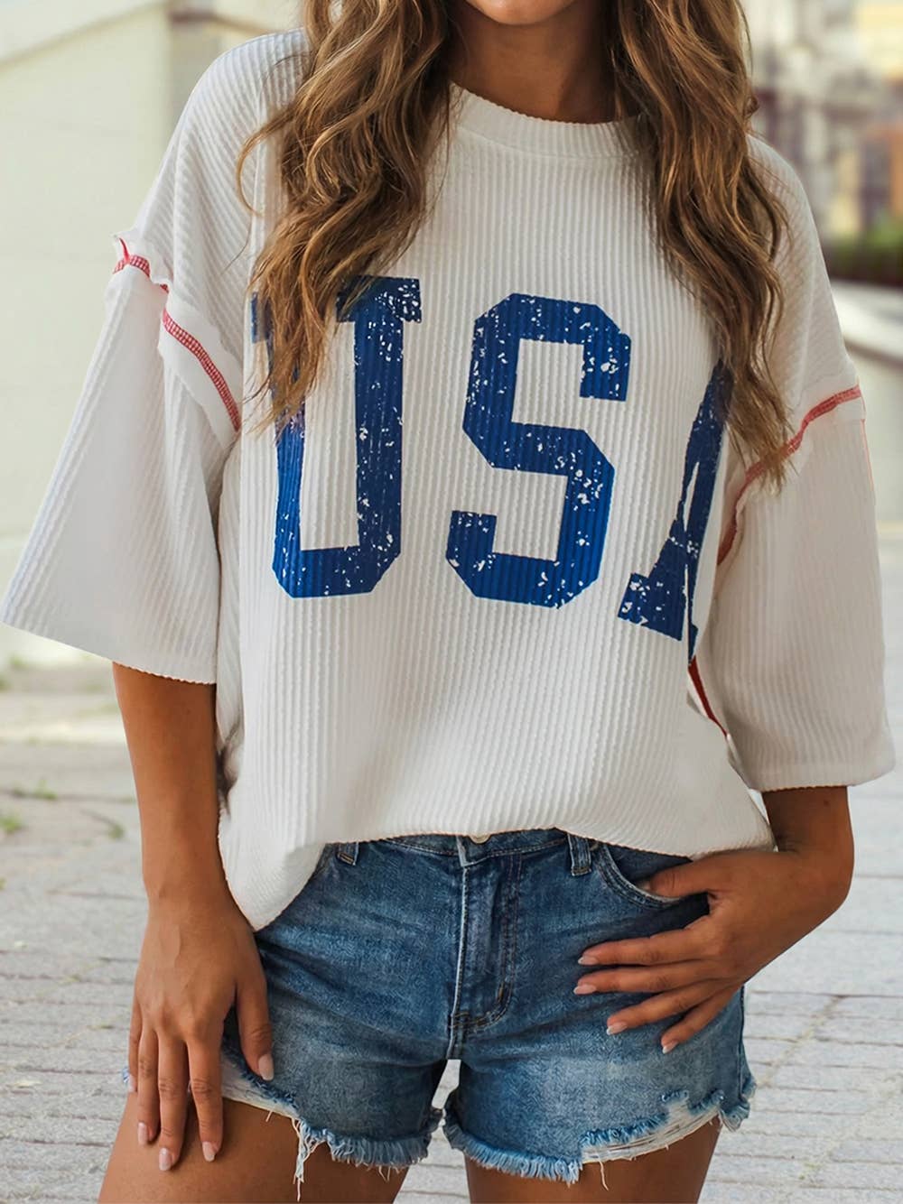 USA Graphic Half Sleeve Loose Ribbed Top: White