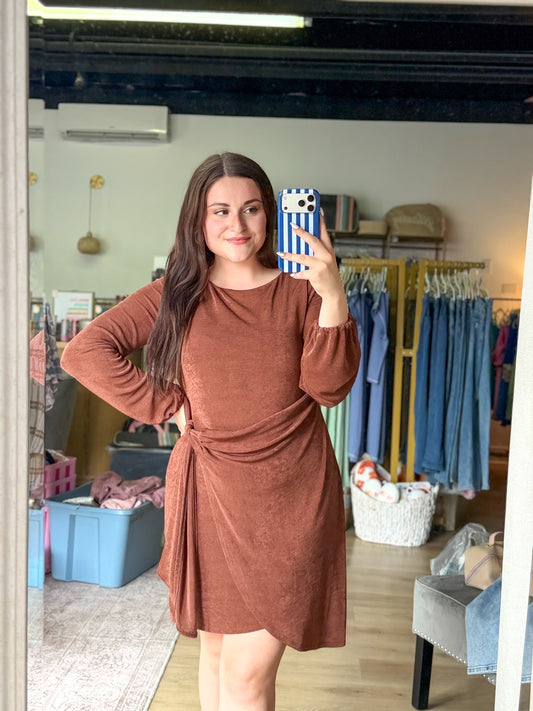 Sunset Boat Neck Long Sleeve Faux Wrap Mini Dress: Light Brown