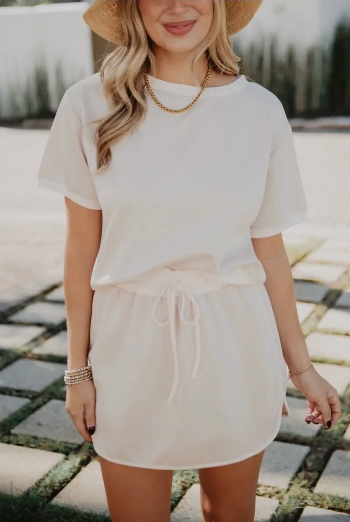 Scuba Beige and White Contrast Top and Skirt Set: Beige