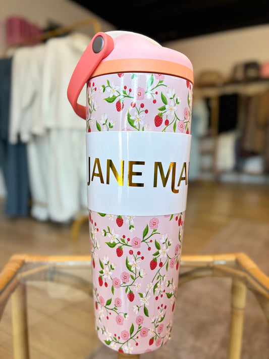 Berry Bloom Water Bottle with Bucket Handle and Straw Cap