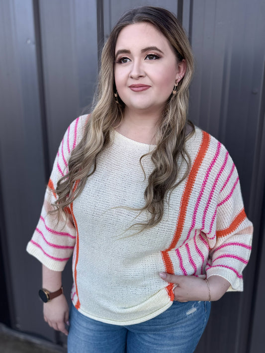 Spring Striped Detail Wide Sleeve Lightweight Knit Sweater: Beige