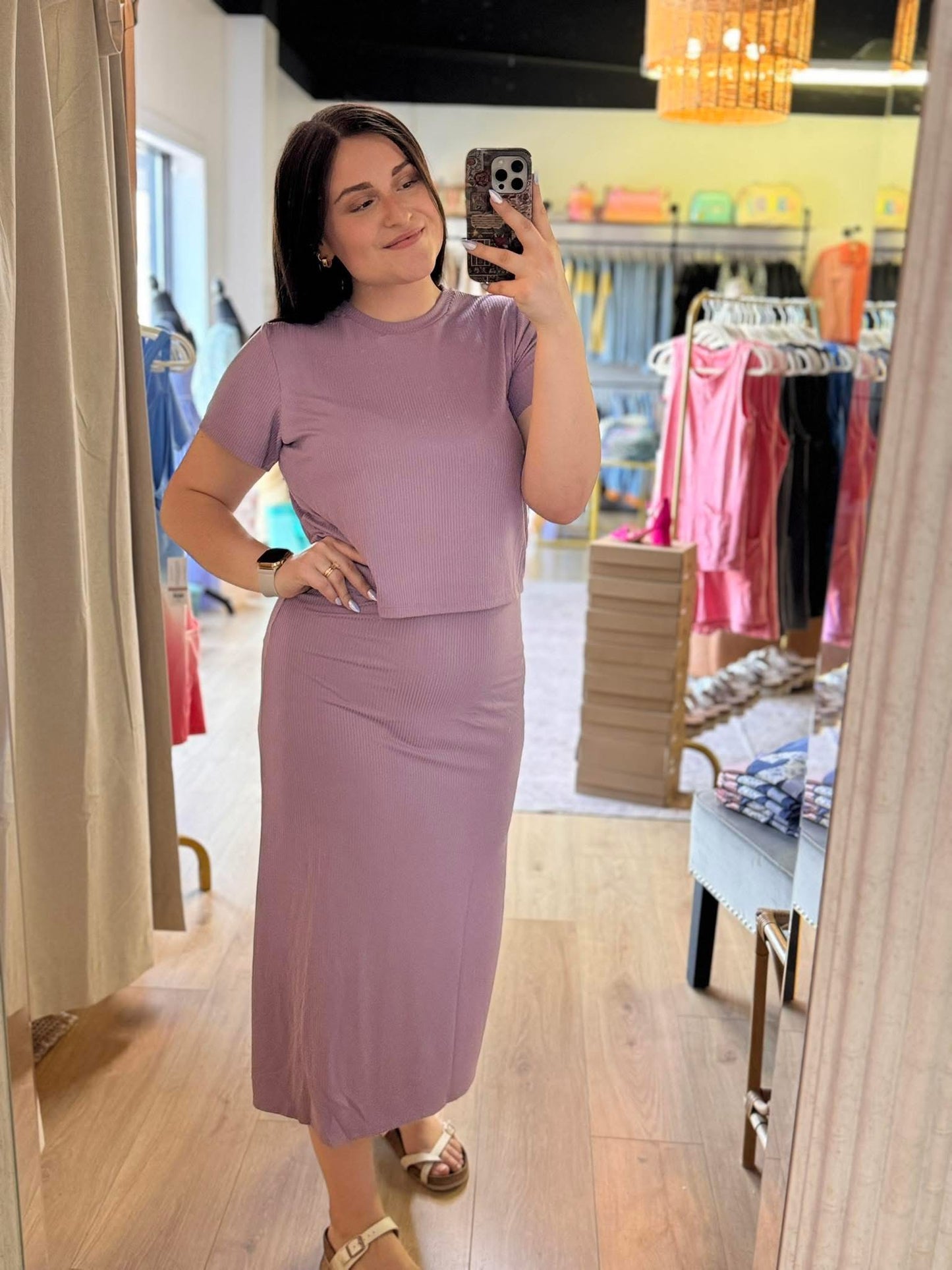 Ribbed Solid Top & Midi Skirt Set: Orchid