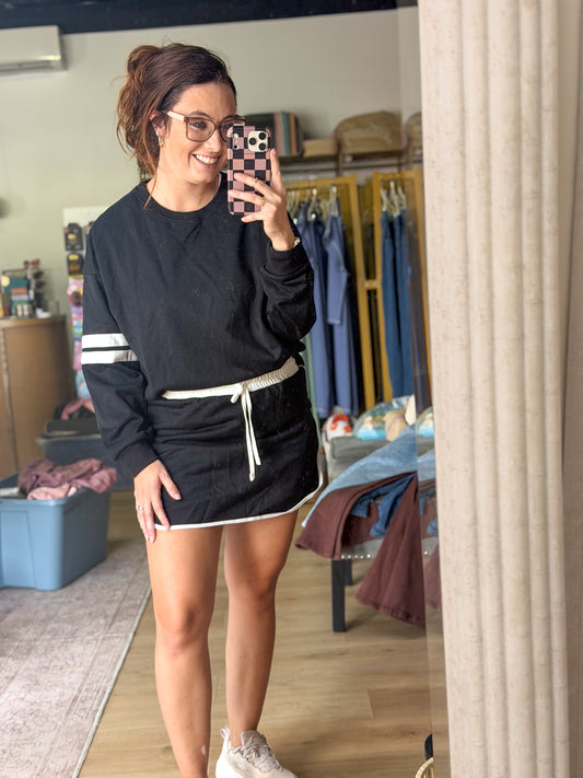 Varsity Stripe Detail Drop Shoulder Pullover Mini Skirt Set: Black