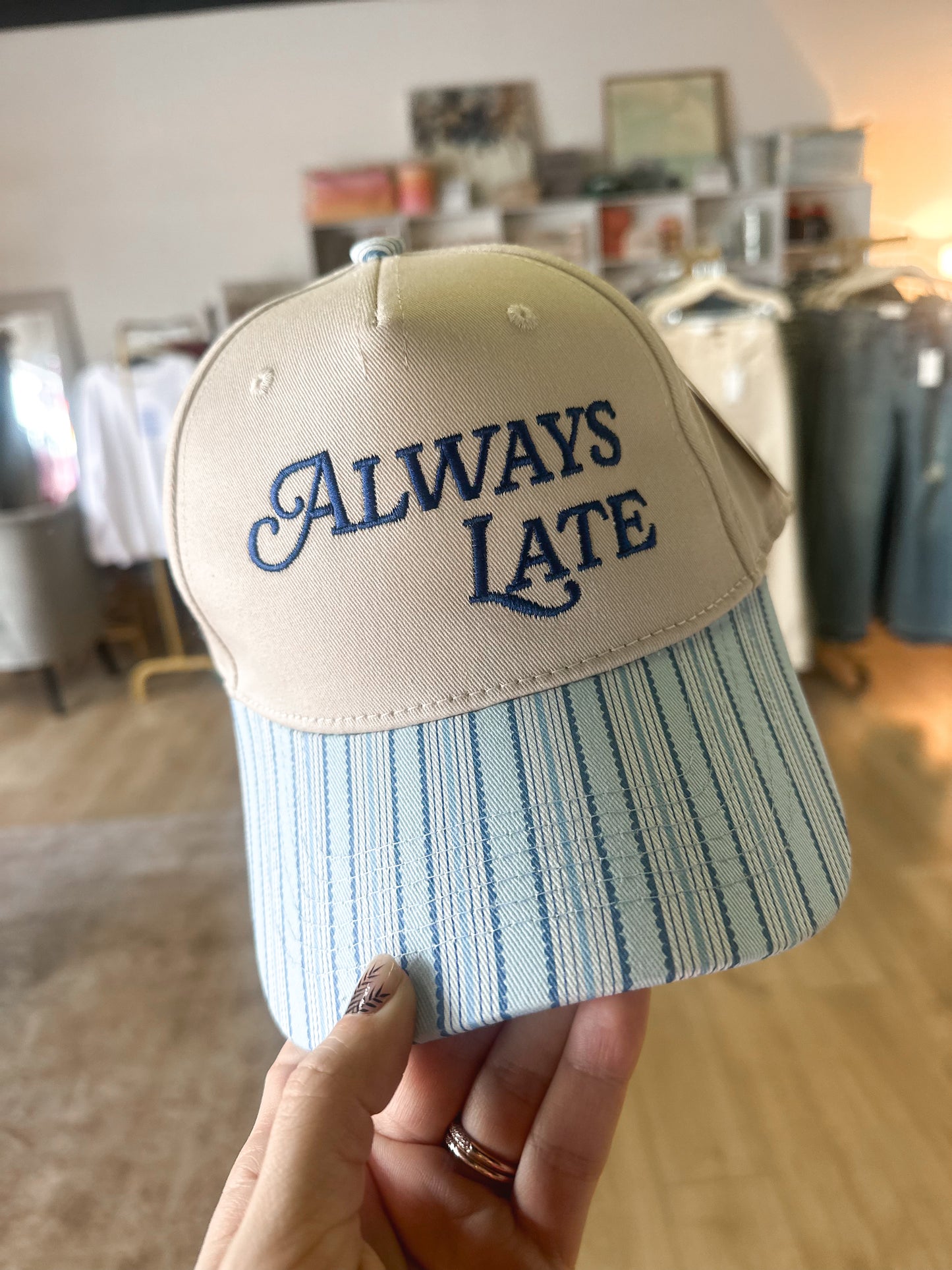 Always Late Vintage Style Trucker Hats: Light Blue Stripe