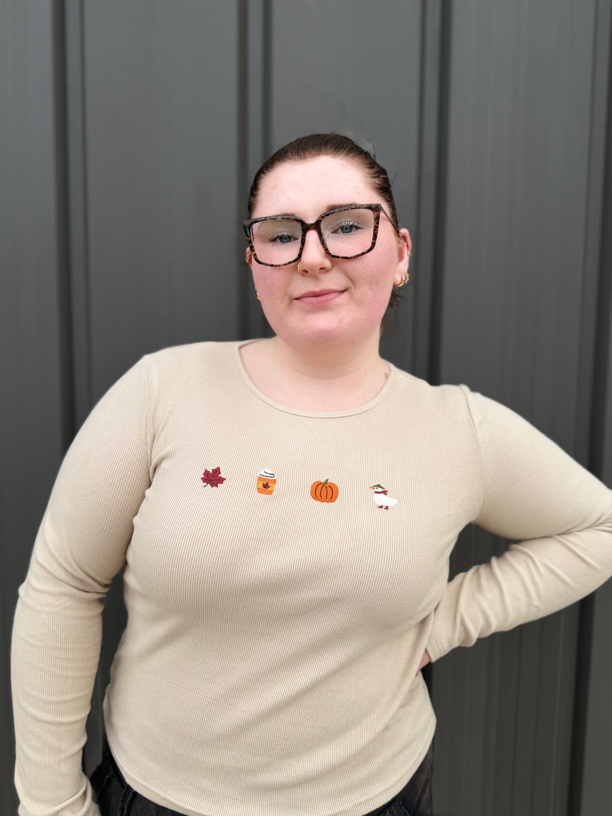 Autumn Favorites Long Sleeve Embroidery Top: Taupe