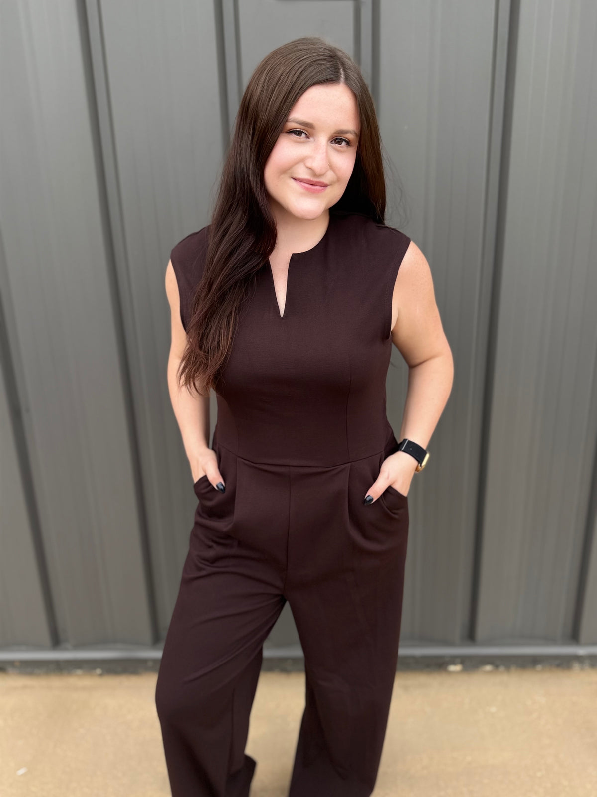 Split Neck Jumpsuit: Dark Brown