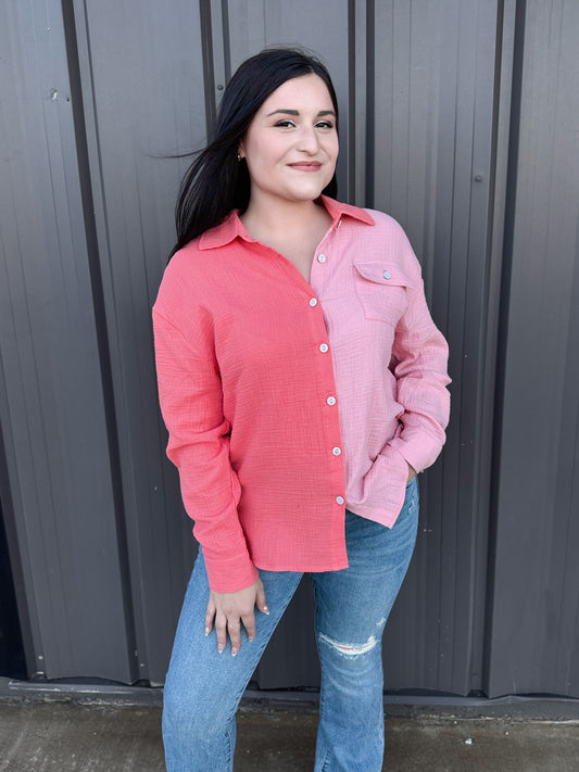Everyday Gauze Top - Bright Coral Combo