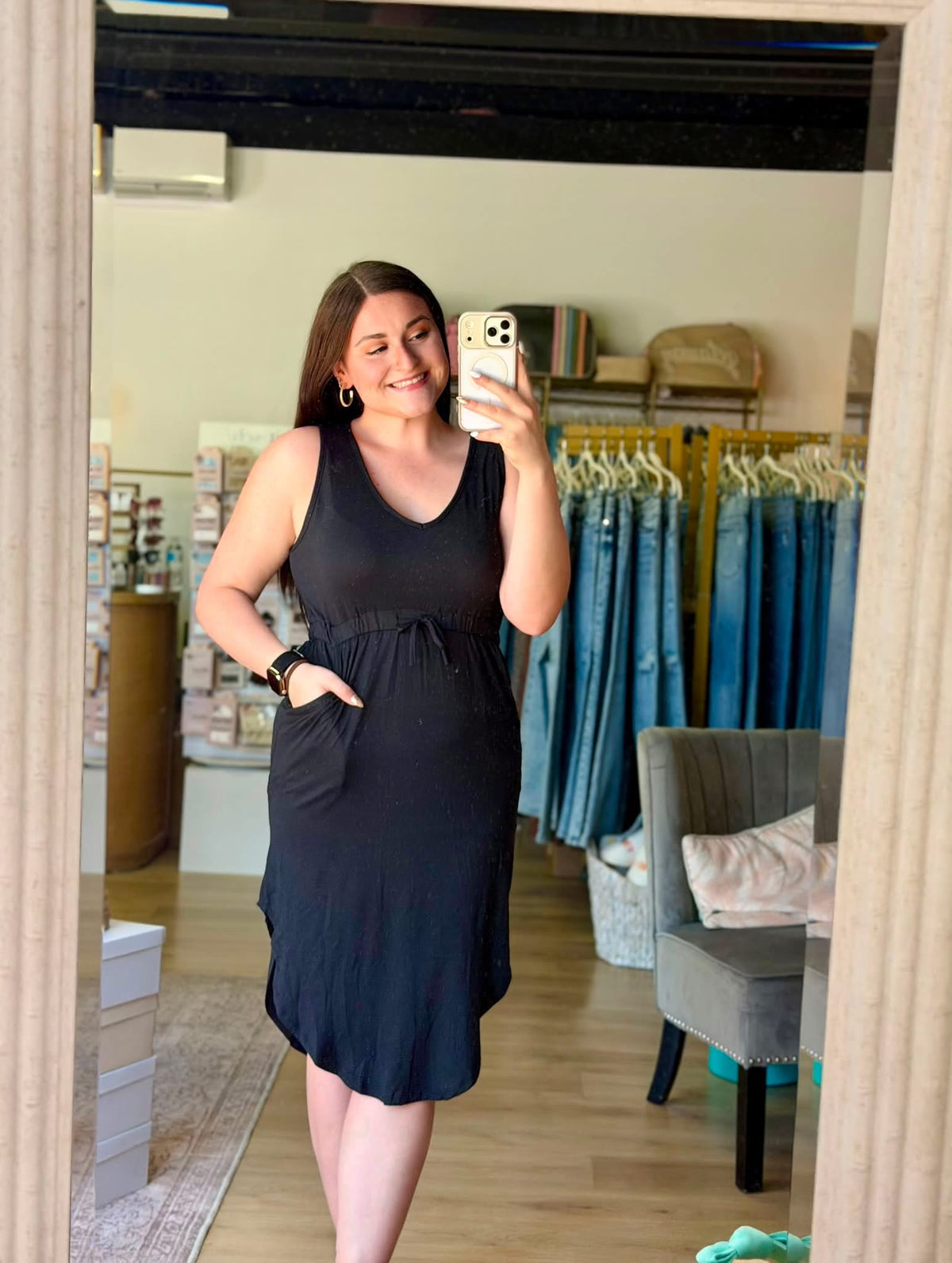 Drawstring Sleeveless Midi Dress: Black