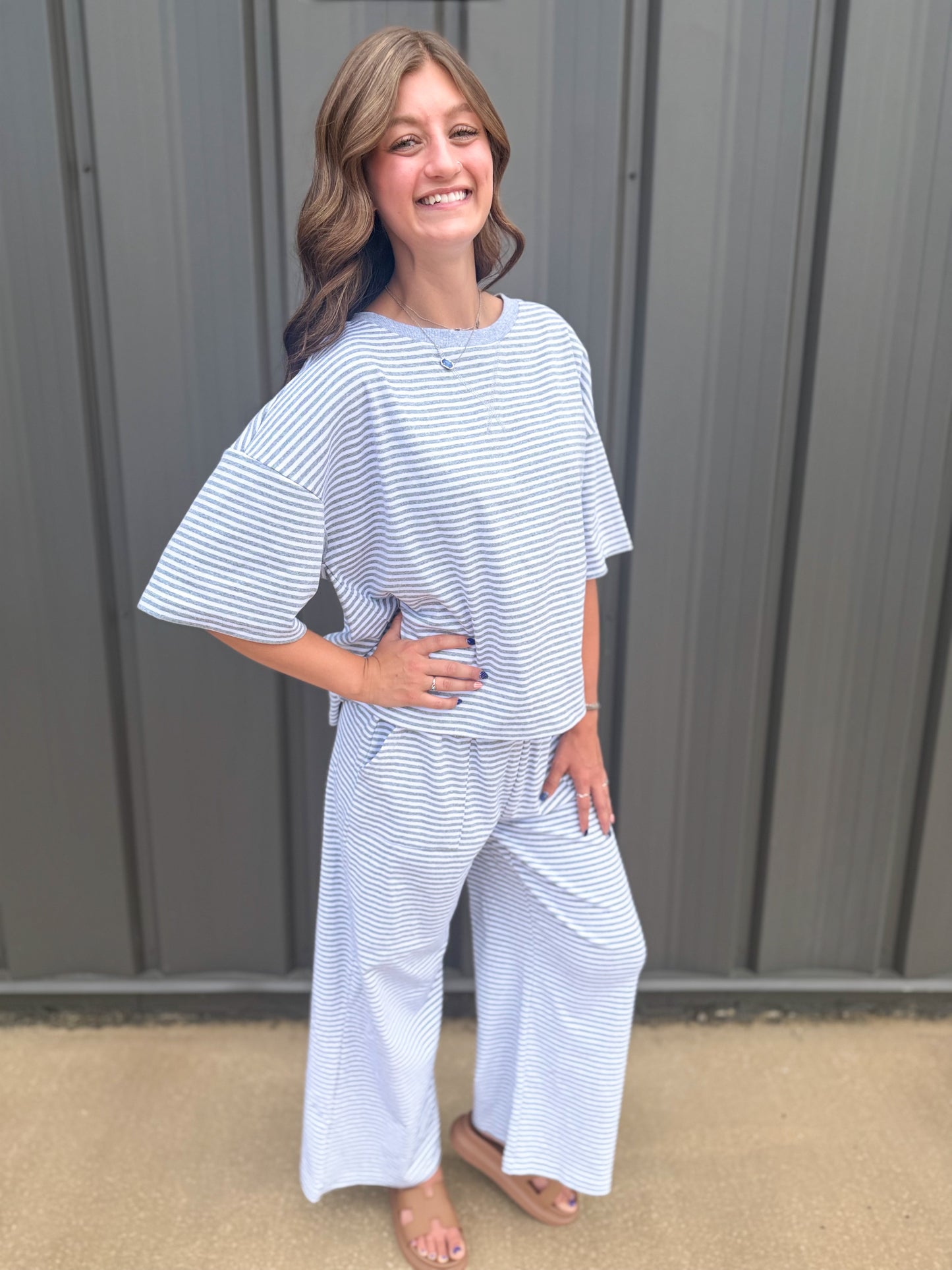 Striped Knit Top and Pants Set: Heather Grey/White
