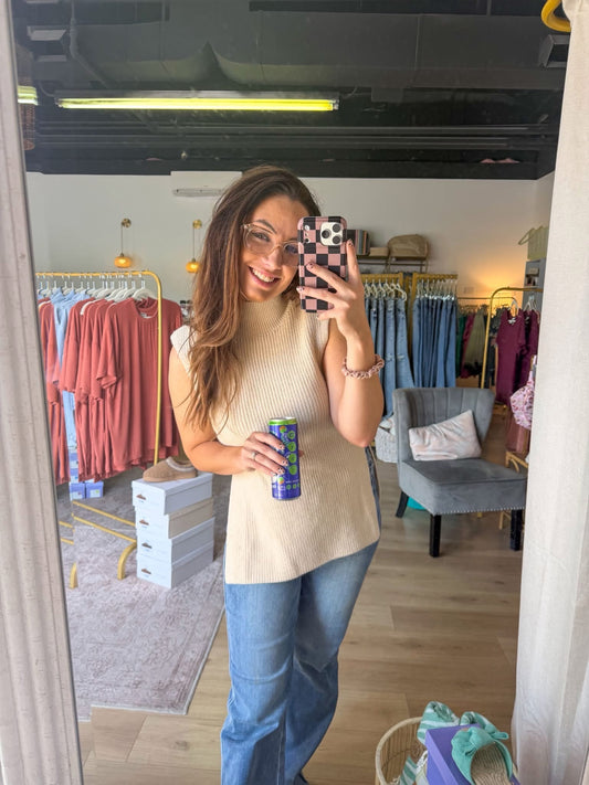 High Neck Sleeveless Sweater Top: Cream