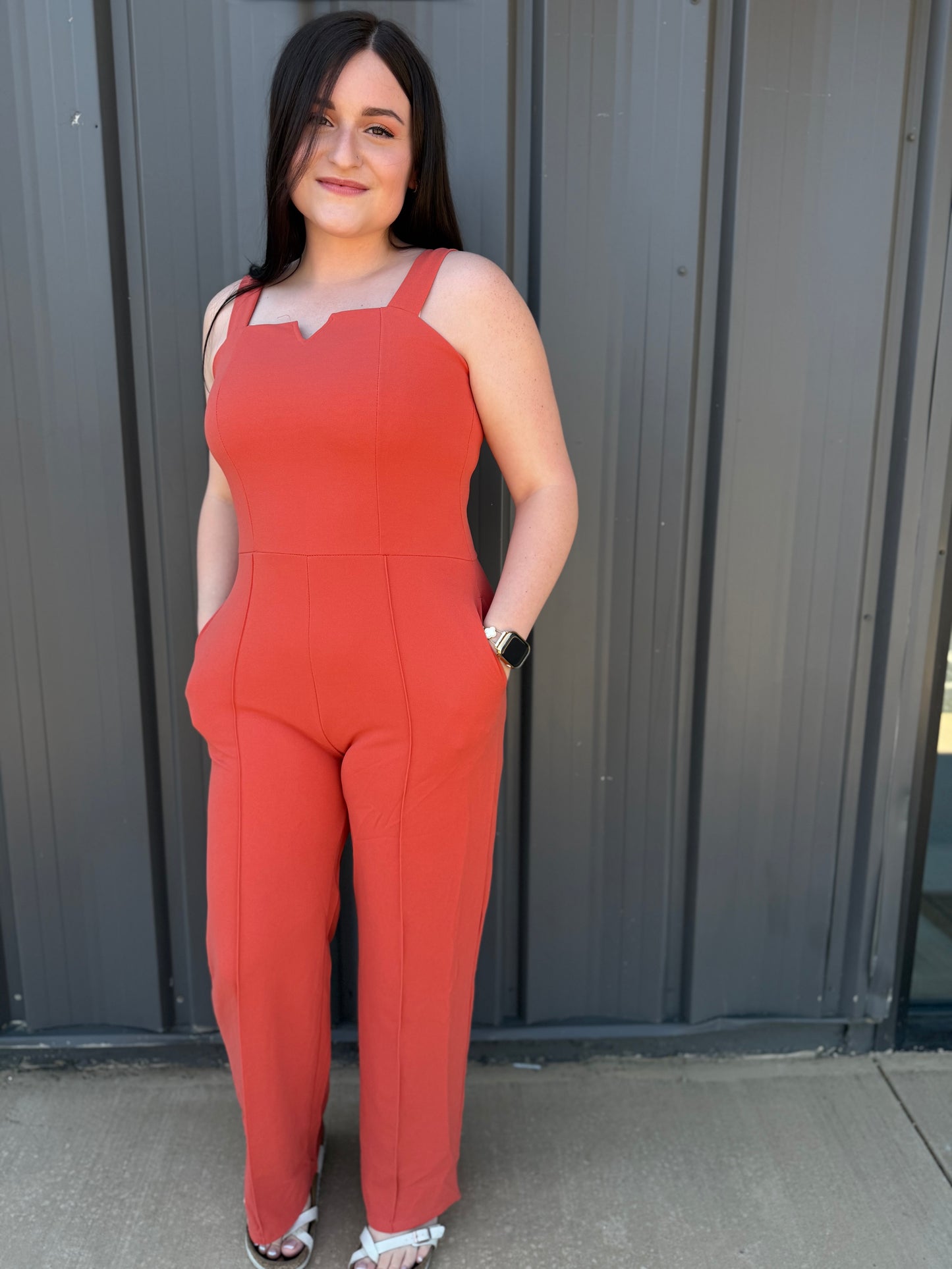 Notched Neck Cami Jumpsuit: Rust