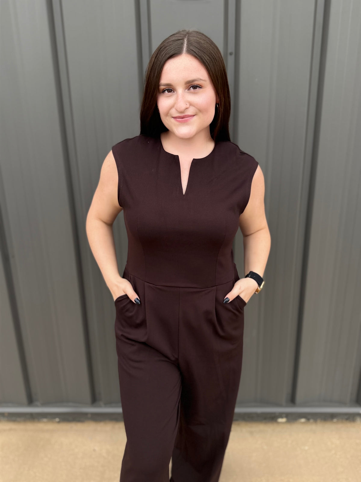 Split Neck Jumpsuit: Dark Brown