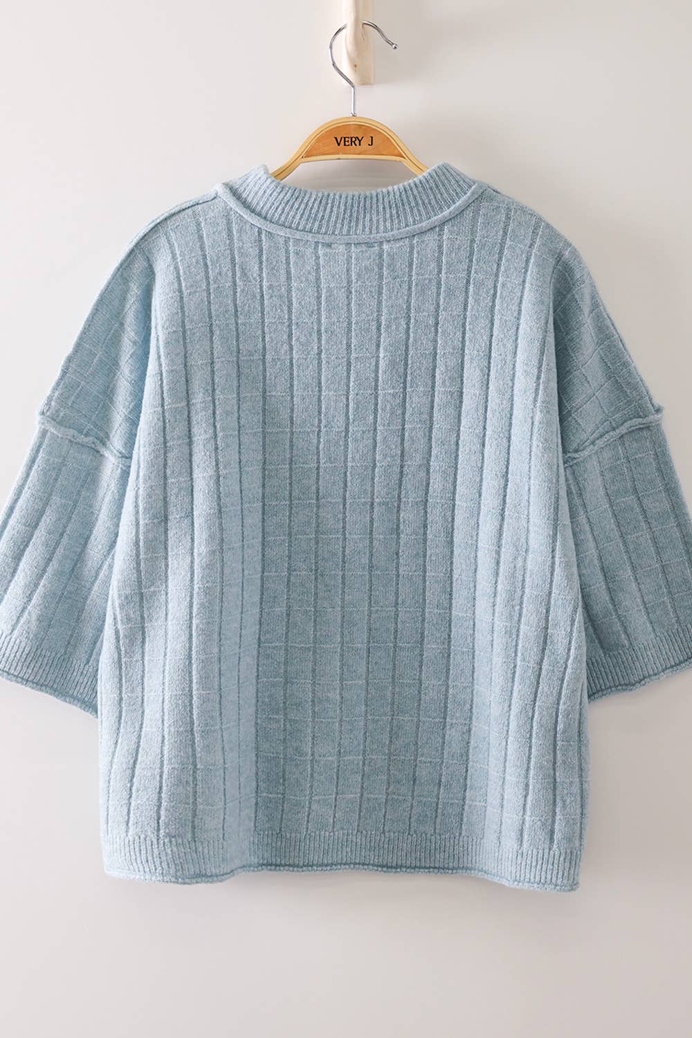 Cropped Length Ribbed Knit Sweater - Blue