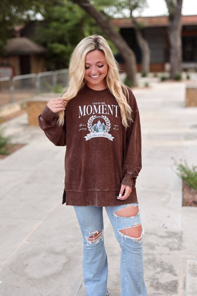 Mineral Wash Pullover- Live in the Moment (Espresso)