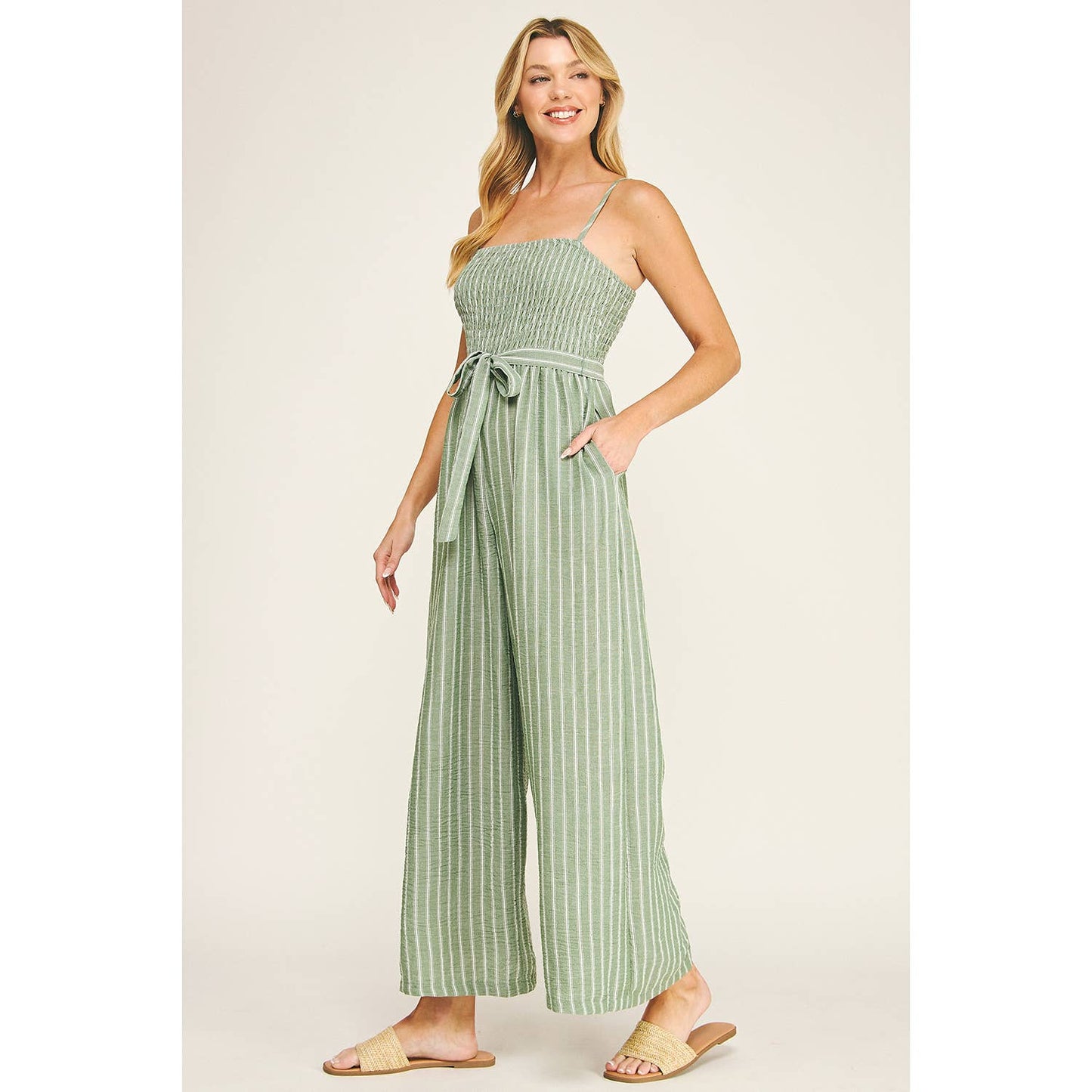 Coastal Stripe Smocked Wide Leg Jumpsuit: Sage
