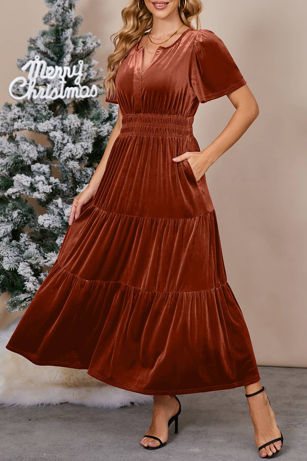 Chic Velvet Shirred Waist Tiered Fall Maxi Dress