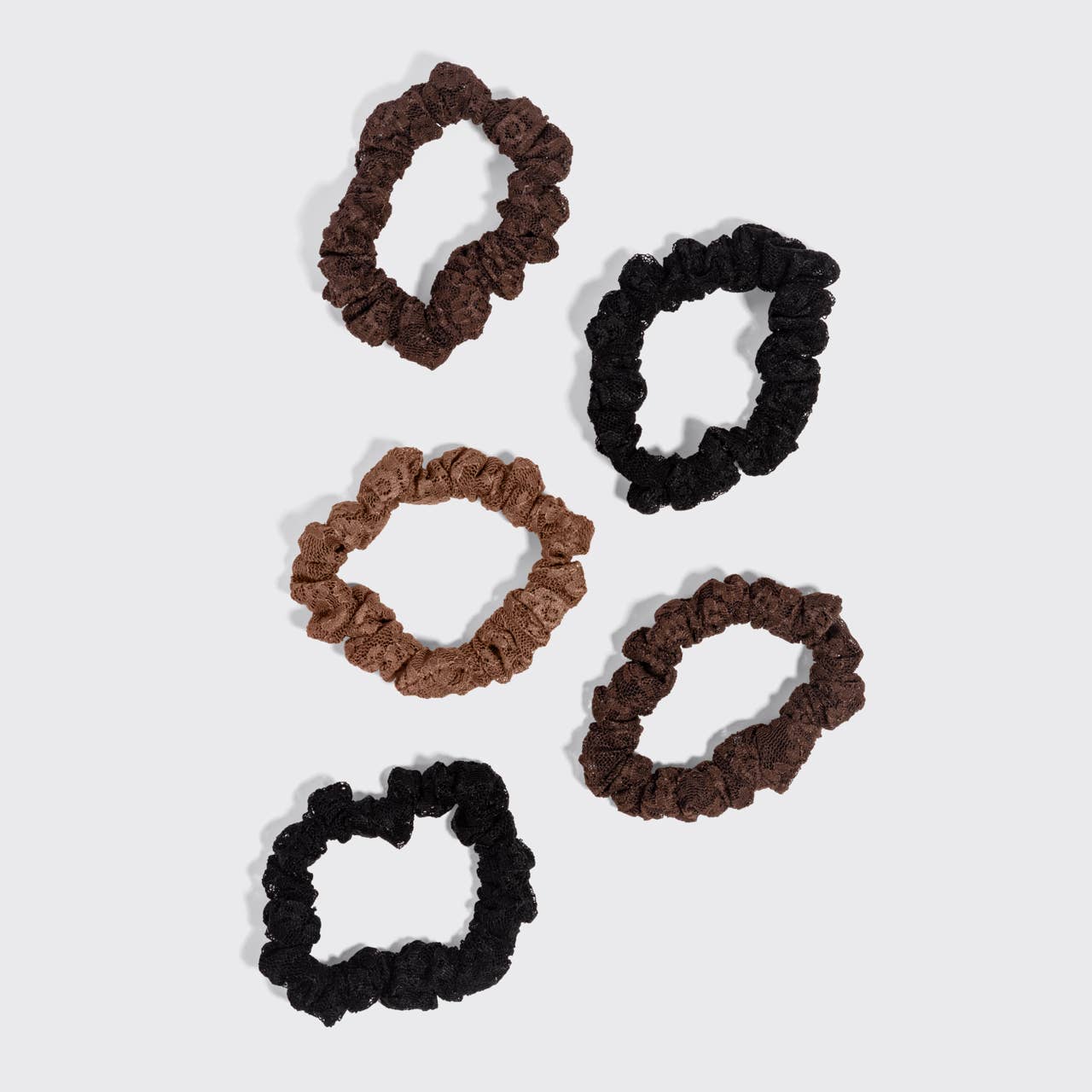 Ruched Lace Scrunchies 5pc Set - Black, Chocolate & Mocha