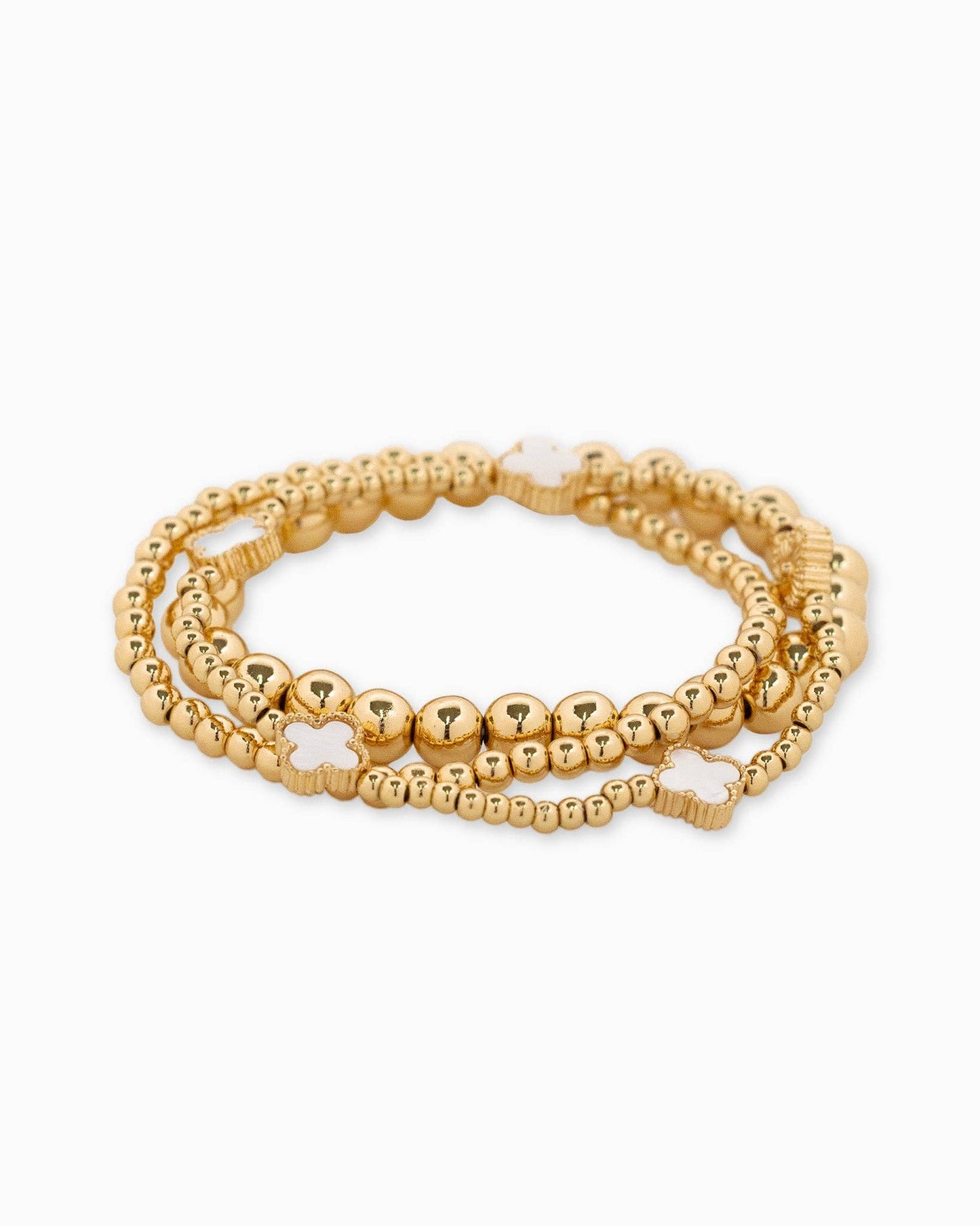 MOP Clover Stretch Bead Bracelets, Set of 3: White