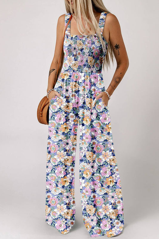 Spring Floral Print Smocked High Waist Square Neck Jumpsuit: Purple