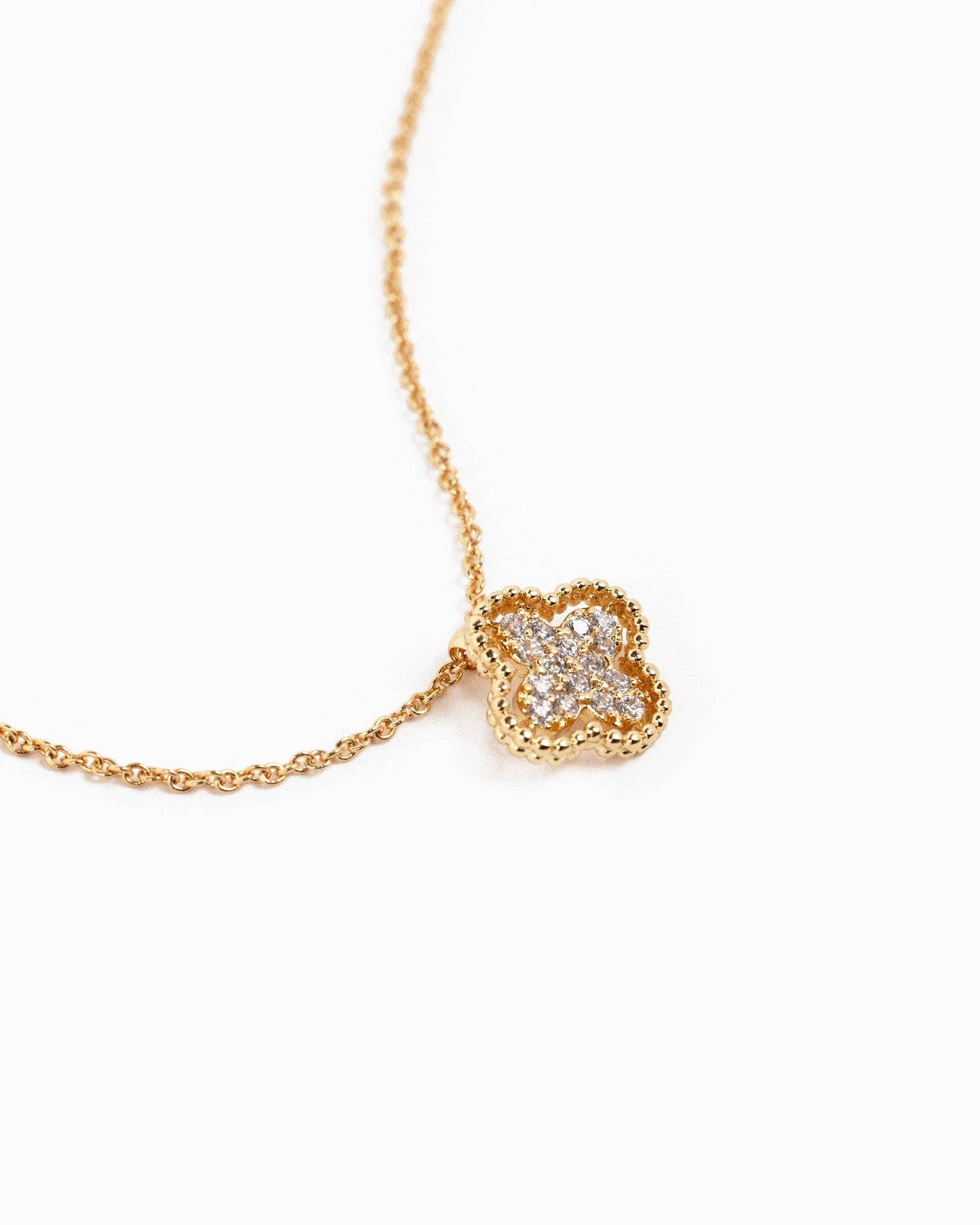 Open Frame CZ Pave Clover Necklace: Gold