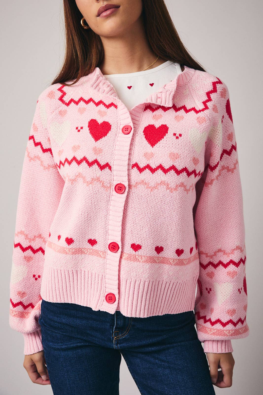 ROUND NECK LONG SLEEVE "HEART" PATTERN SWEATER CARDIGAN: PINK