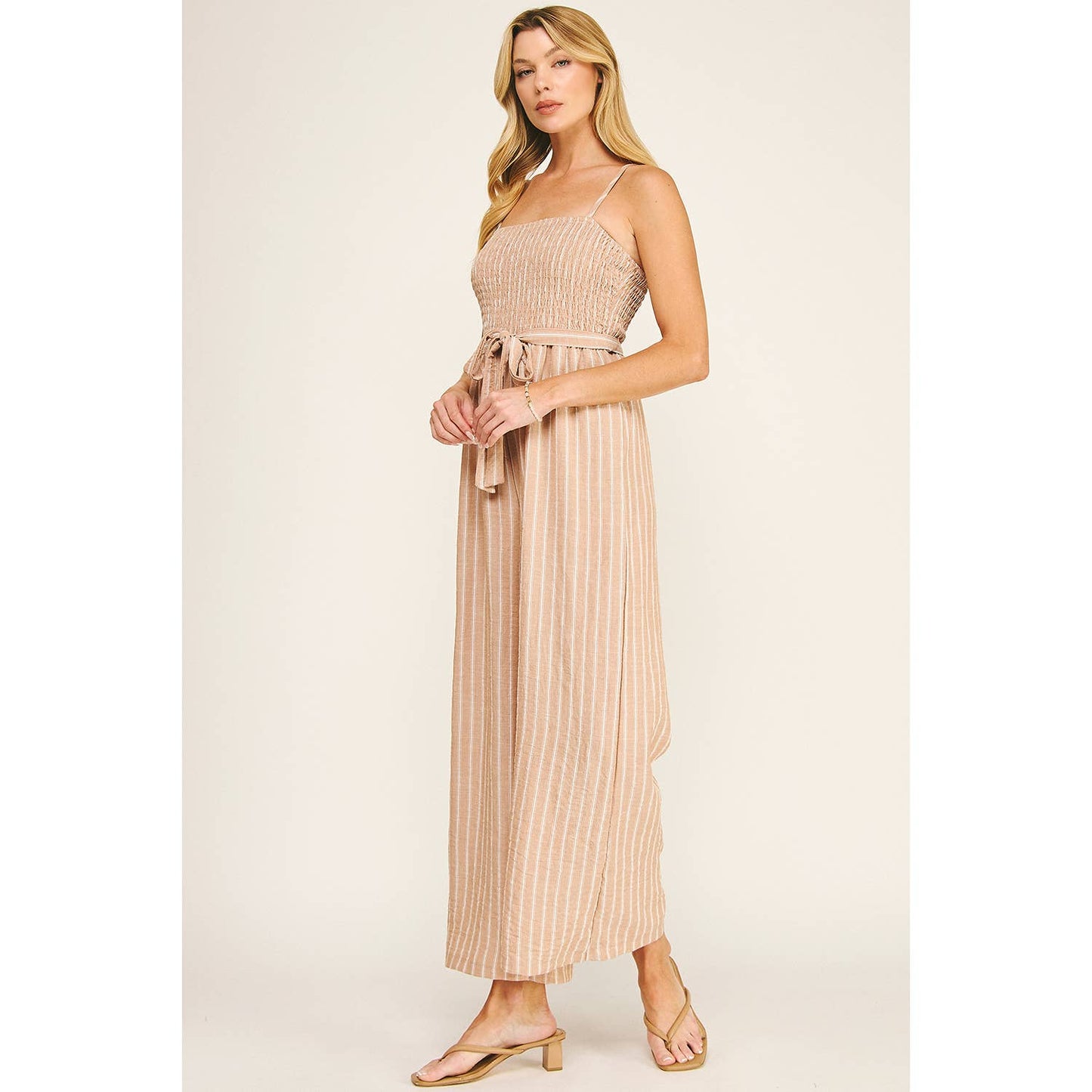 Coastal Stripe Smocked Wide Leg Jumpsuit: Tan