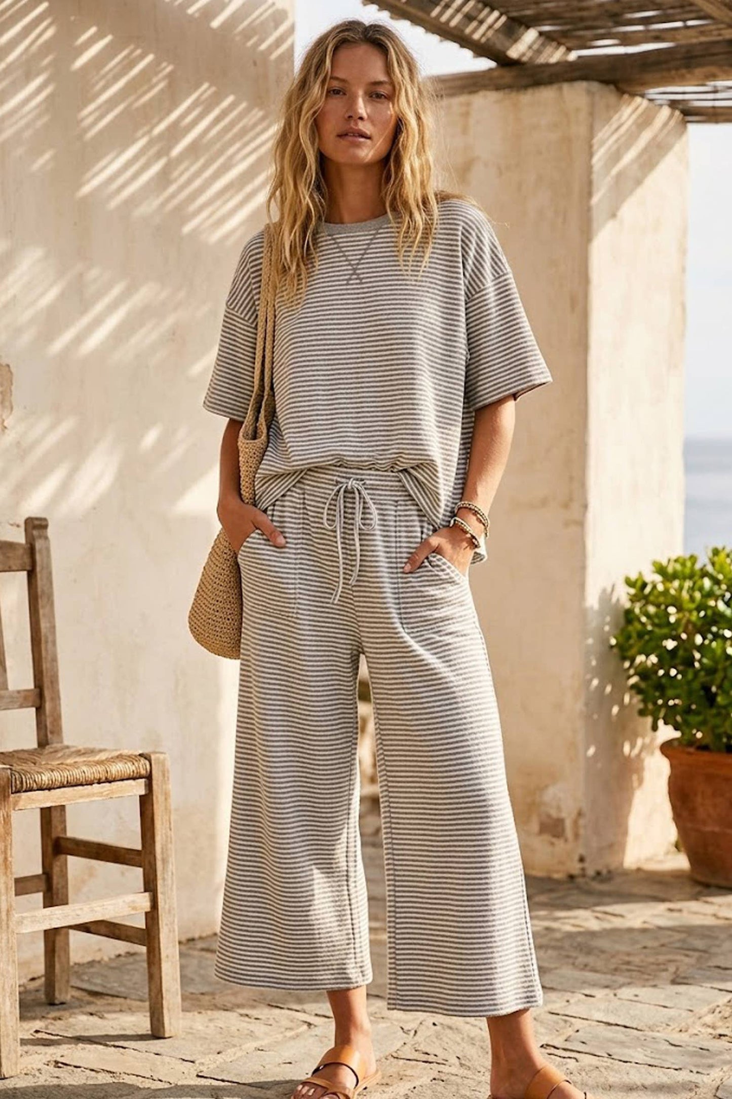 Striped Knit Top and Pants Set: Heather Grey/White