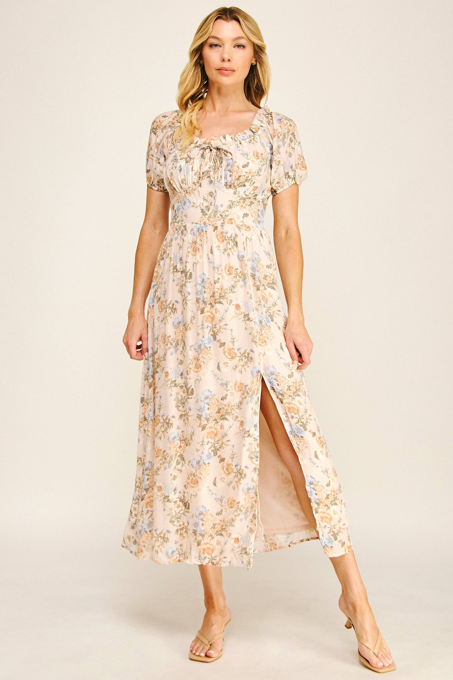 Sunlit Meadow Floral Maxi Dress: Tan