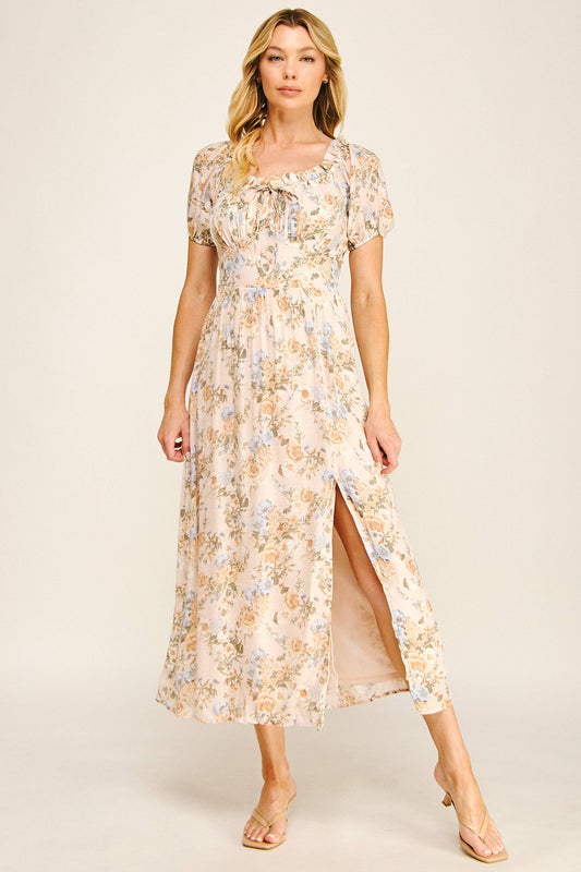 Sunlit Meadow Floral Maxi Dress: Tan