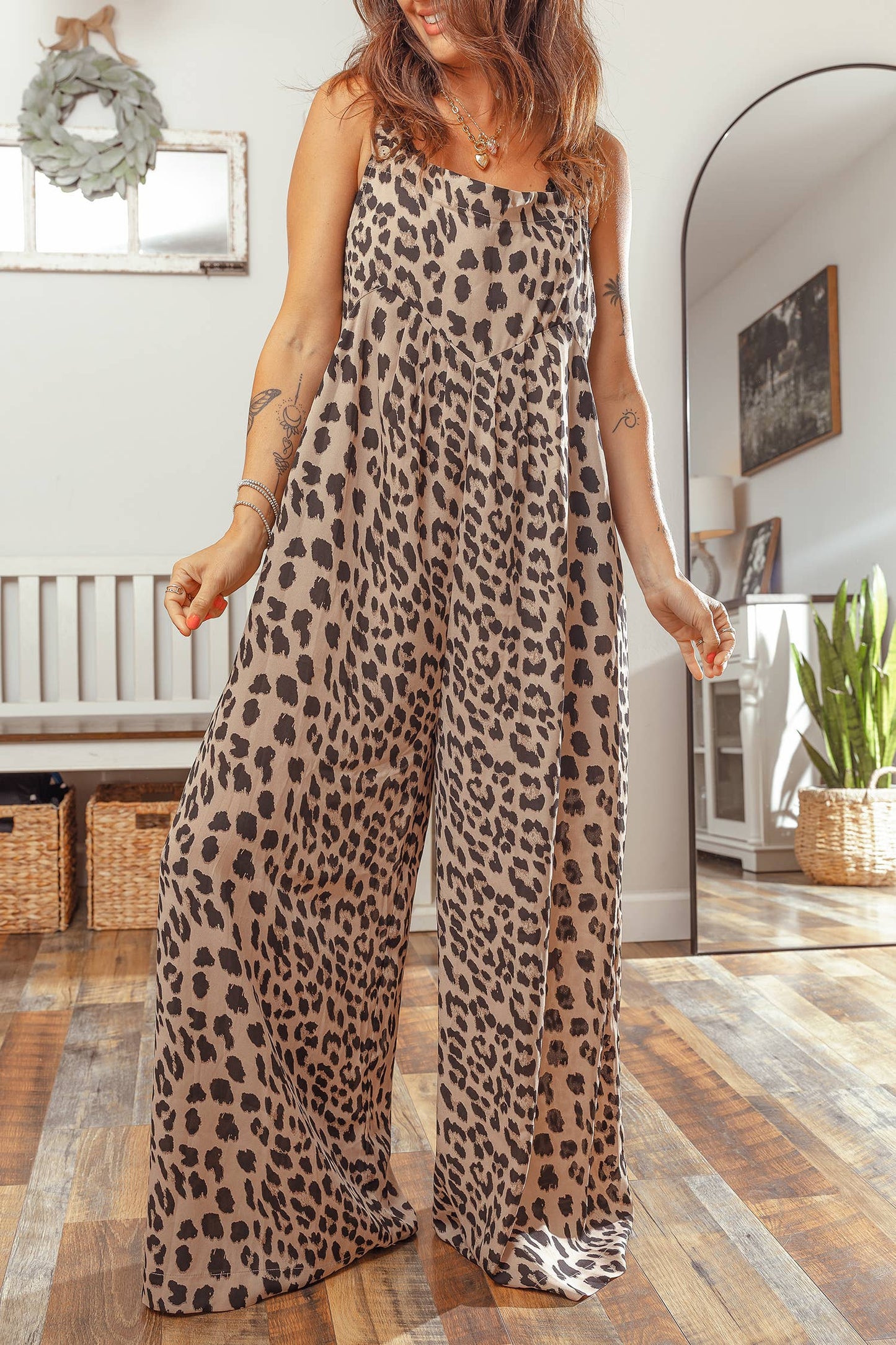 Leopard Square Neck Pleated Wide Leg Jumpsuit | Khaki