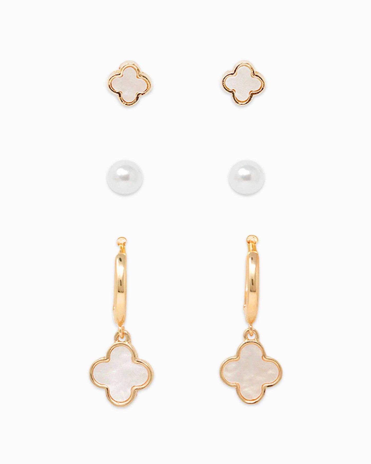 Mother of Pearl Clover Earring Set, Set of 3: White