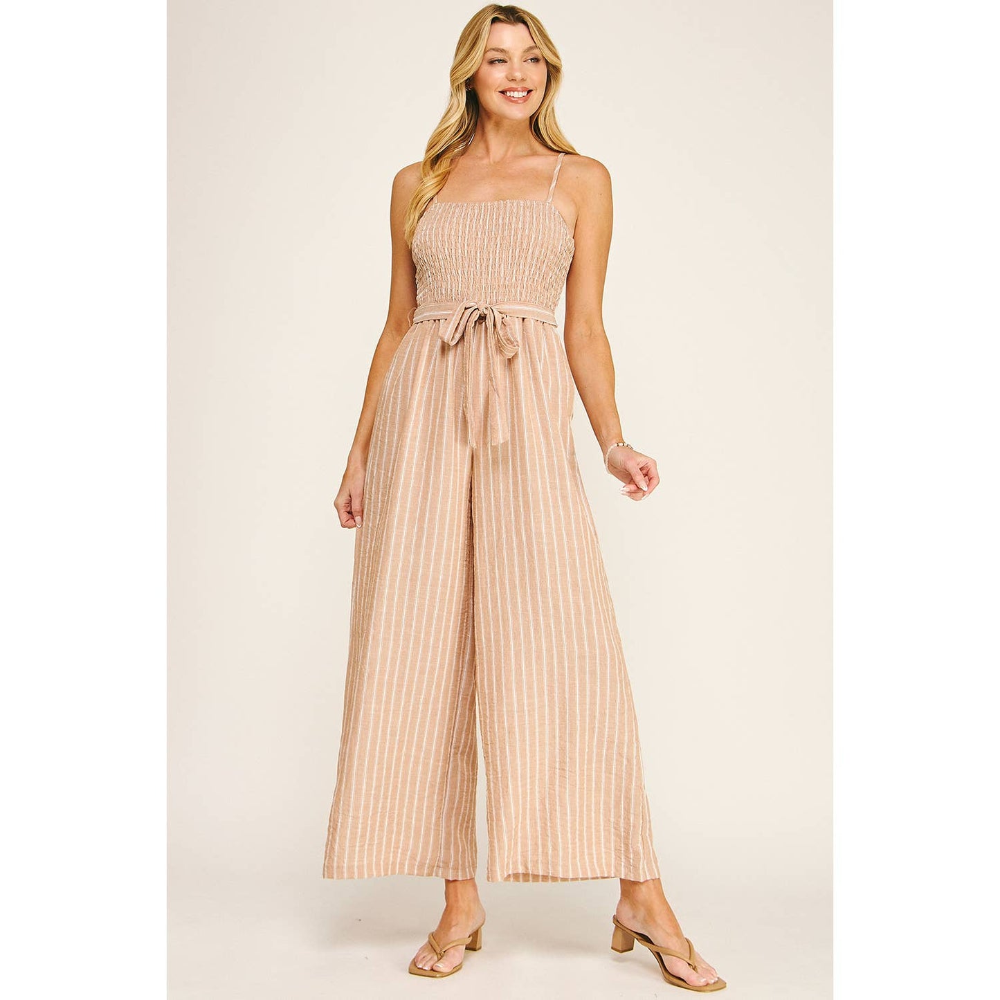 Coastal Stripe Smocked Wide Leg Jumpsuit: Tan