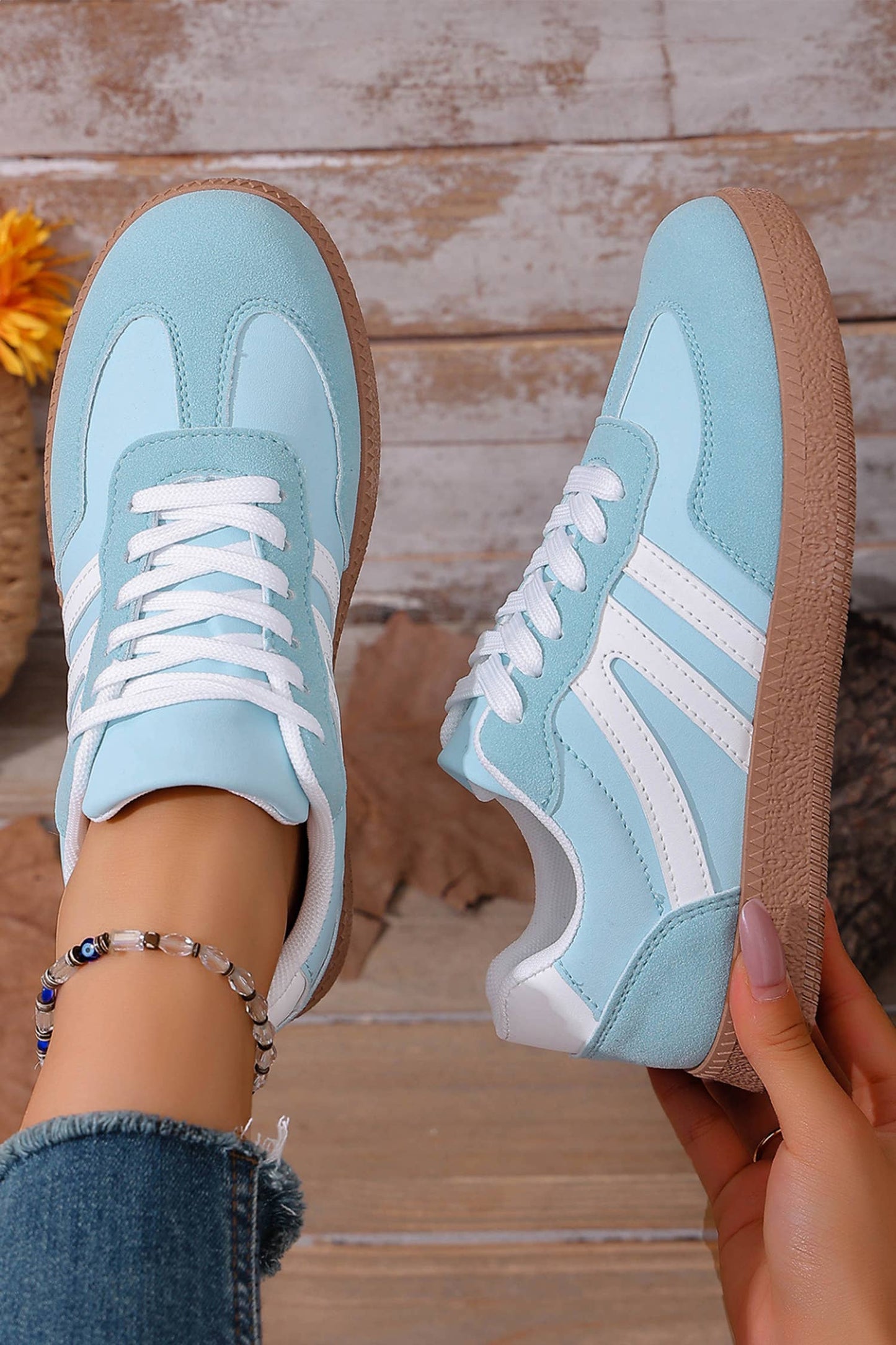 Faux Suede PU Leather Color Block Patchwork Lace-up Shoes: Dusk Blue