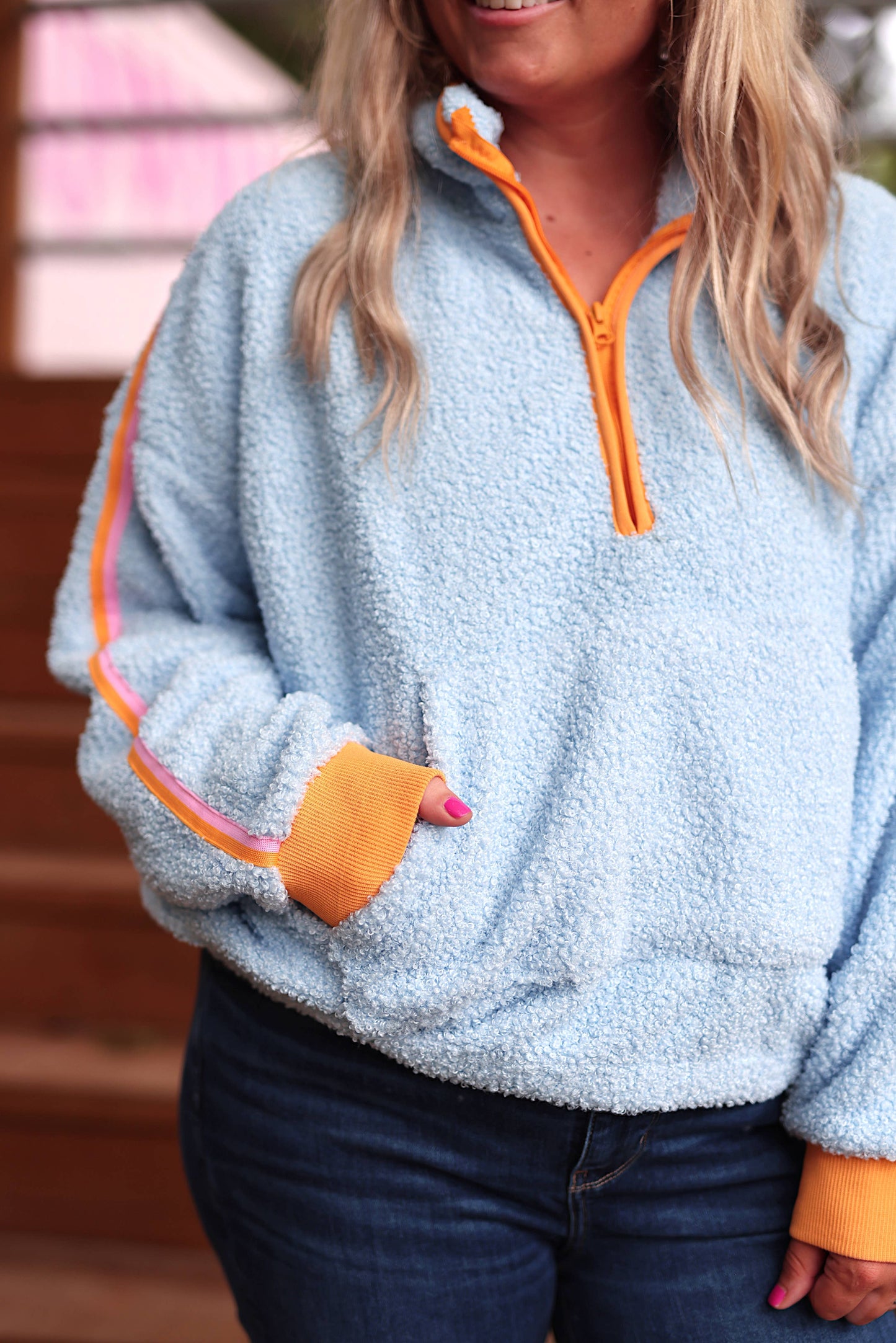 Around the Clock Teddy Quarter Zip Pullover- Seaside Blue